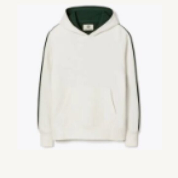 Tory Burch Tory Sport French Terry Two-Tone Hoodie in Ivory and Conifer Green, L - Picture 1 of 5